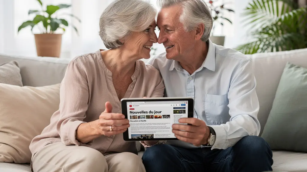 Couple de seniors consultant ensemble une tablette pour comparer les mutuelles santé dans leur salon