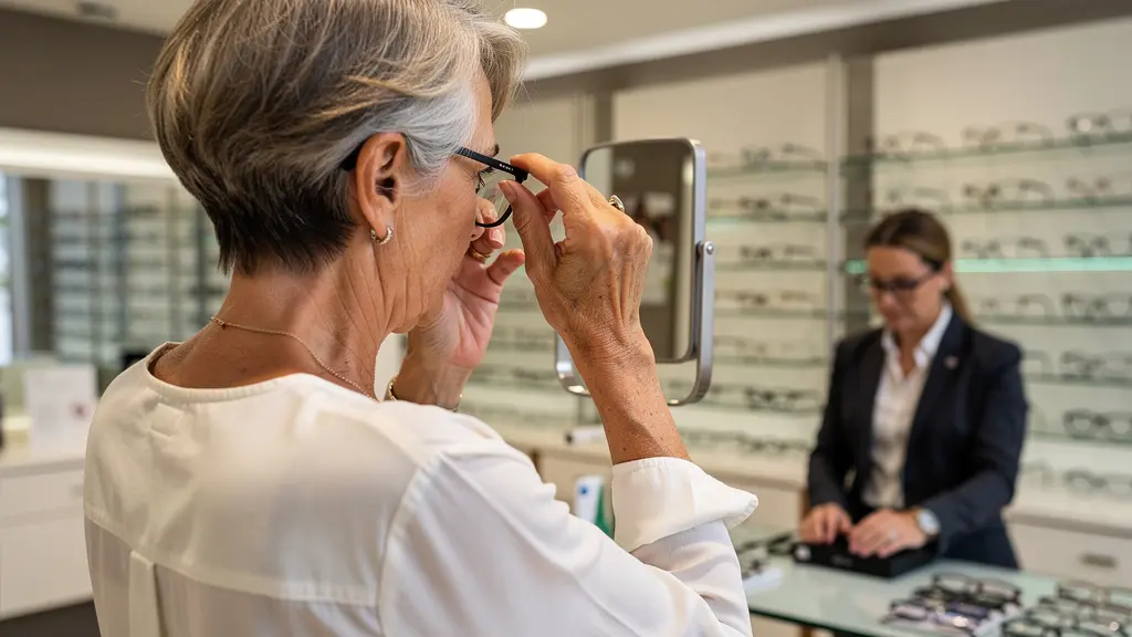 Senior essayant des lunettes chez l'opticien pour évaluer ses besoins optiques réels