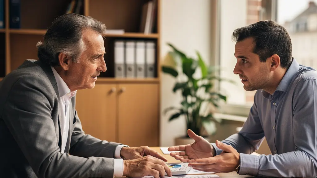 Senior en discussion avec un conseiller mutuelle pour analyser ses besoins de complémentaire santé Senior en discussion avec un conseiller mutuelle pour analyser ses besoins de complémentaire santé